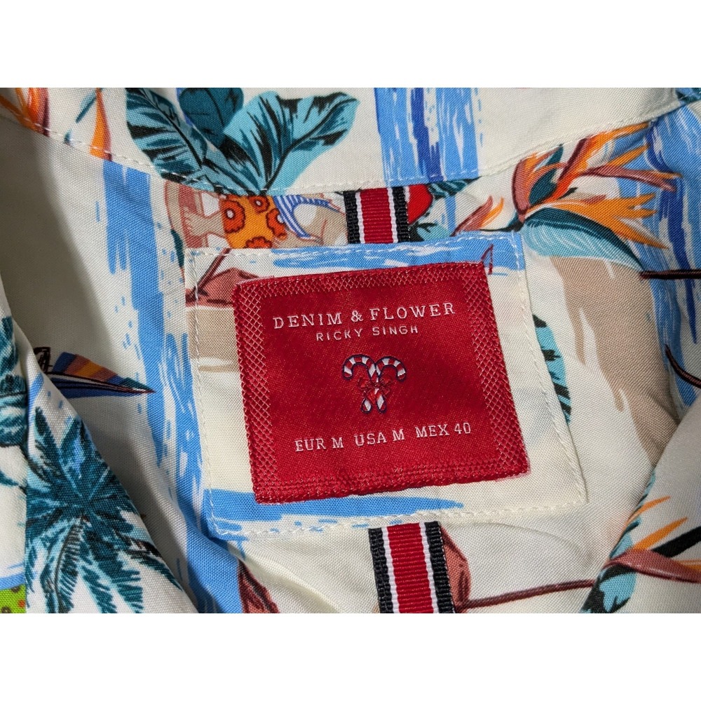 DENIM & FLOWER Santa Claus Hawaiian Beach Surfing Men Medium Ivory Shirt NEW - Picture 6 of 14
